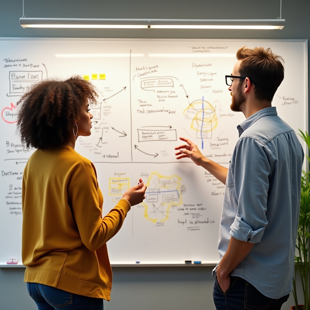 Zwei Personen diskutieren an einem Whiteboard mit Diagrammen zu Kaufentscheidungen