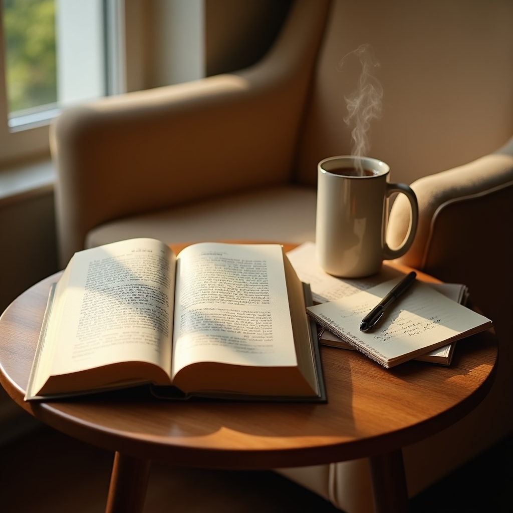 Leseecke mit aufgeschlagenem Buch, Notizblock und Tasse Tee auf einem Beistelltisch