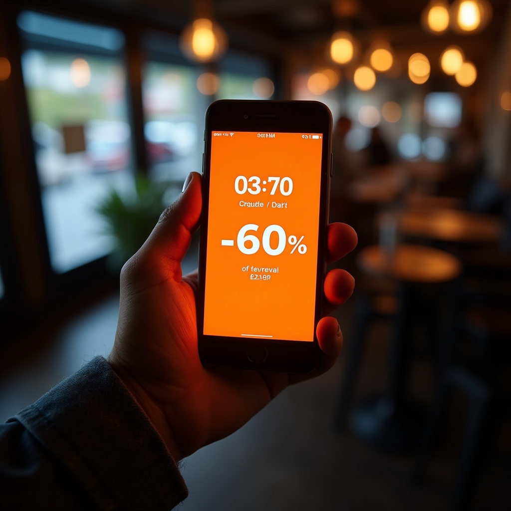 Nahaufnahme eines Smartphones mit Rabatt-Countdown in einer Shopping-App